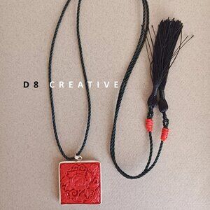 New Starling silver vermilion lacquer wood carving with black chain necklace